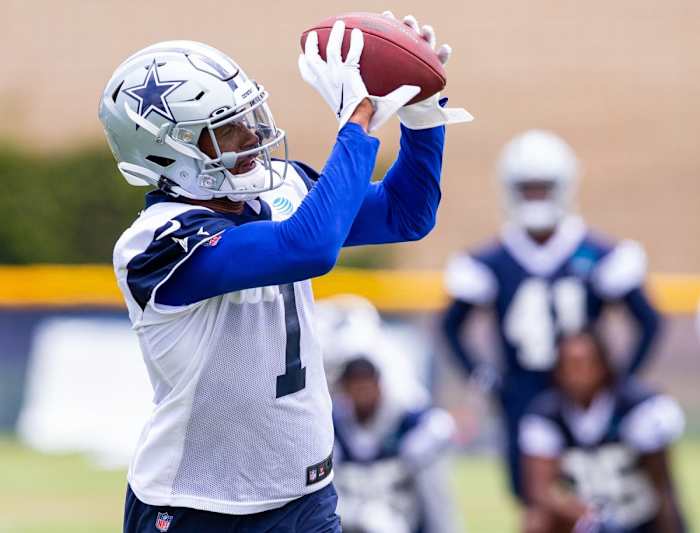 Jul 25, 2021; Oxnard, CA, USA; Dallas Cowboys wide receiver Cedrick Wilson (1) during training camp at the Marriott Residence Inn. Mandatory Credit: Jason Parkhurst-USA TODAY Sports